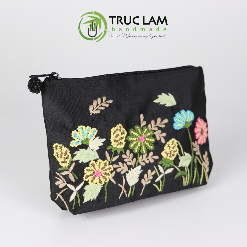 Ví Cầm Tay Túi Đựng Vải Tafta Họa Tiết Hoa Cỏ Thêu Tay - Trúc Lâm Handmade
