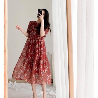 Váy voan lá đỏ ba tầng xếp ly ngực mùa hè cho nữ