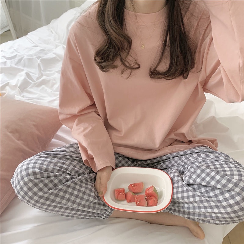 Bộ đồ ngủ áo sơ mi tay dài màu sắc đơn giản phong cách Hàn Quốc