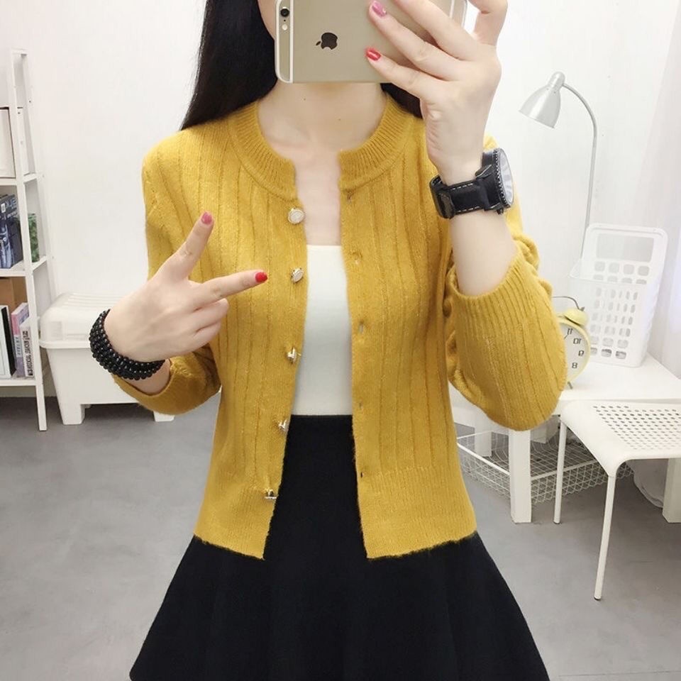 Áo Khoác Cardigan Len Cardigan Mỏng Tay Dài Cổ Tròn Màu Trơn Đơn Giản Phong Cách Phương Tây Thời Trang Xuân Thu