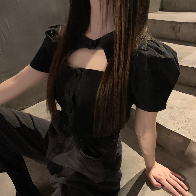 Áo Croptop Màu Đen Dáng Ôm Phong Cách Retro Thời Trang Mùa Hè