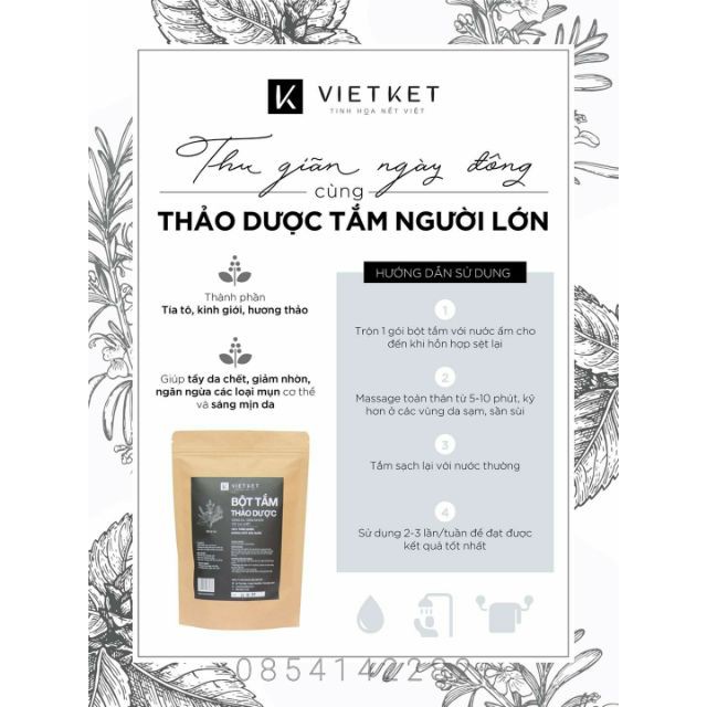 Bột tắm thảo dược Vietket – Sáng da, giảm nhờn, tẩy da chết hiệu quả 