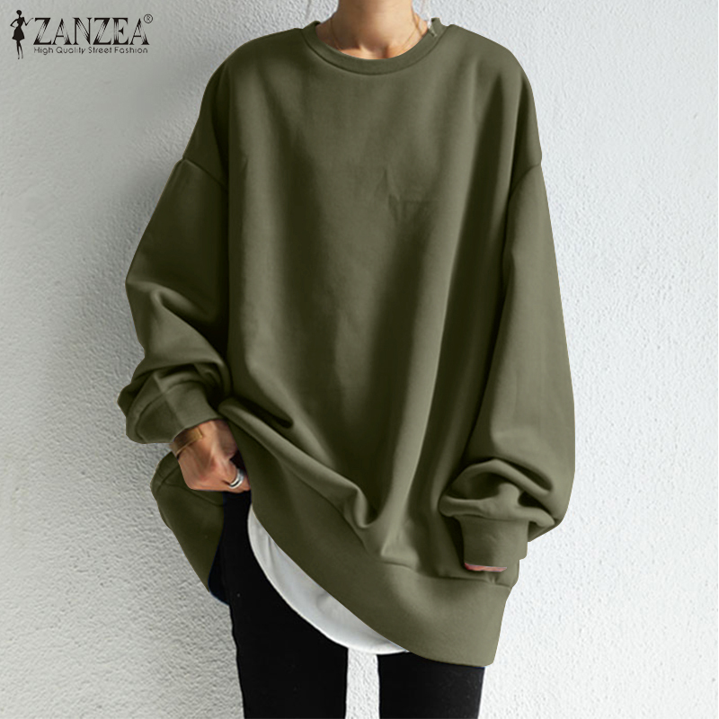 ZANZEA Áo Sweatshirt Tay Dài Cổ Tròn Dáng Rộng Màu Trơn Thời Trang Đơn Giản Dành Cho Nữ
