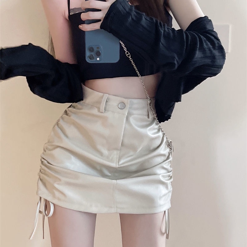COZOK Chân váy da lưng cao thiết kế dây rút thời trang cho nữ