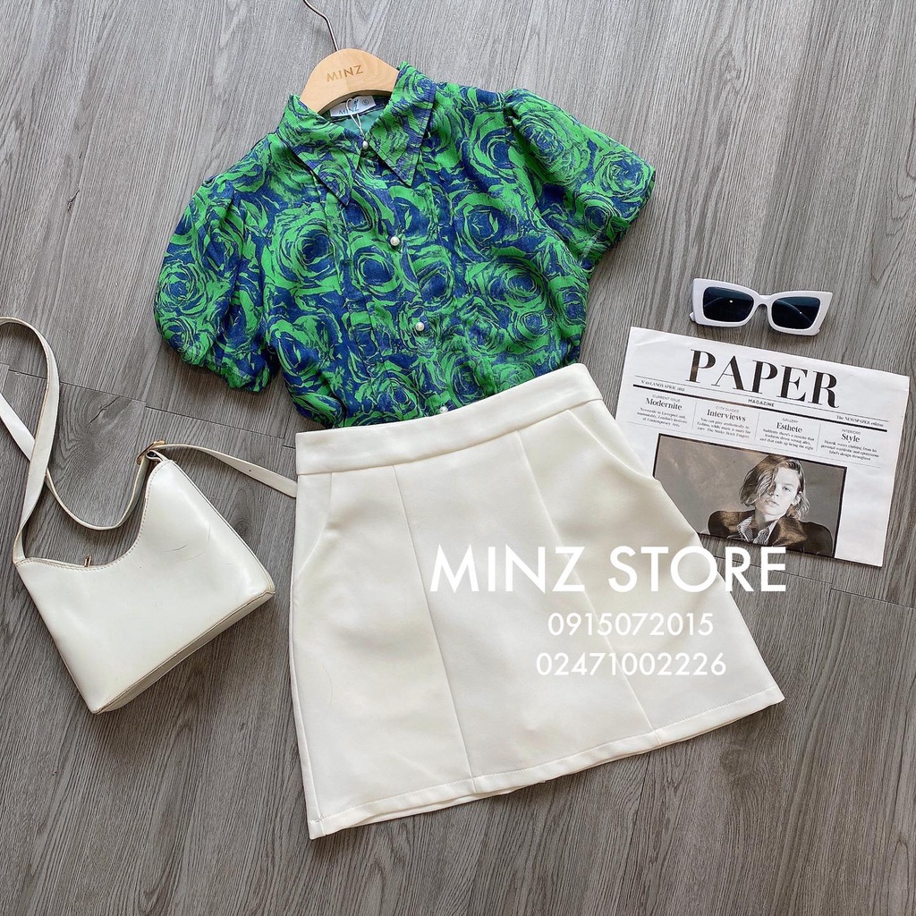 Áo sơ mi tơ hoa cổ nhọn tay bồng Minz