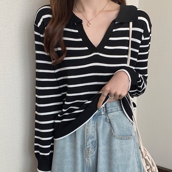 Áo sweater ZHELIHANGFEI cổ polo tay dài kẻ sọc dễ phối đồ hợp thời trang