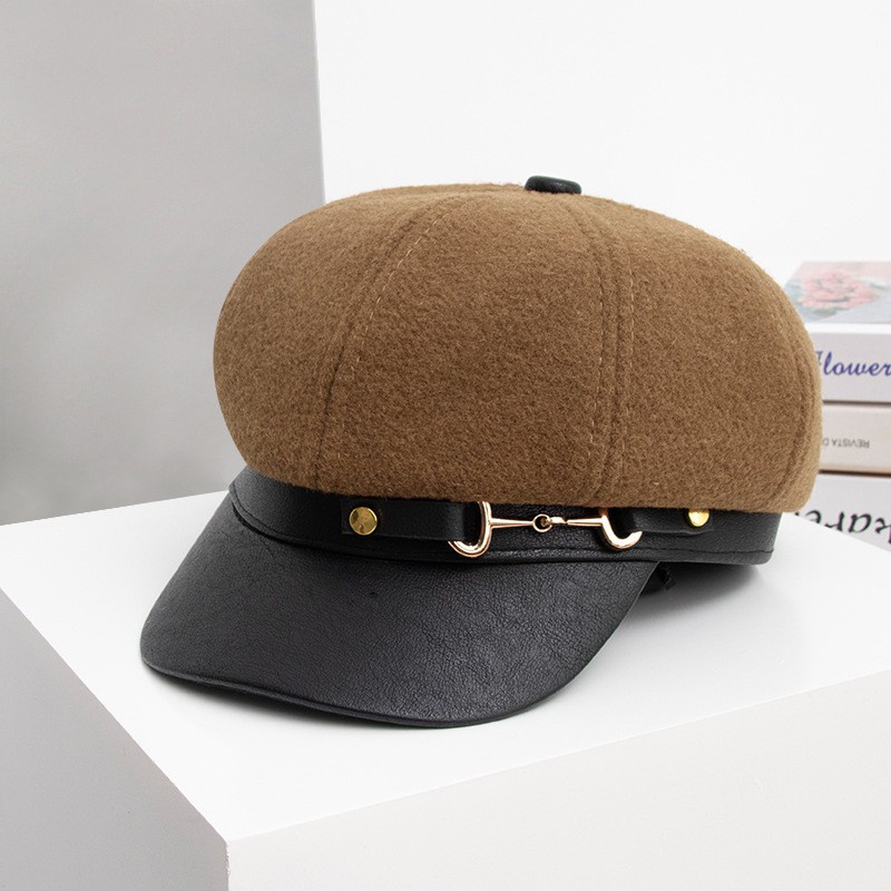 Mũ Beret Da Phối Nút Phong Cách Vintage Anh Quốc Thời Trang Cho Nữ