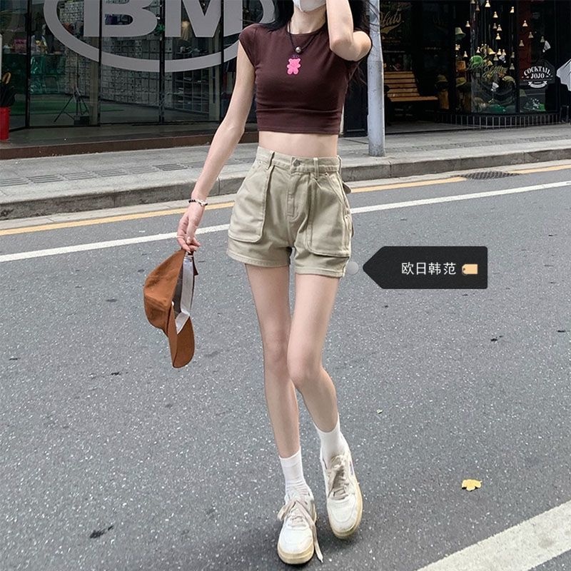 Quần Short Denim Lưng Cao Dáng Chữ A Phối Túi Lớn Thời Trang Mùa Hè Cho Nữ