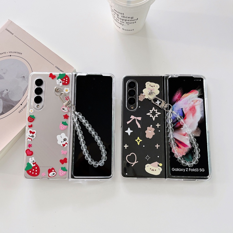 Ốp Điện Thoại Chống Sốc Vẽ Hình Dâu Tây / Thỏ / Gấu Có Dây Xích Treo Nửa Cho Samsung Galaxy Fold 3 5