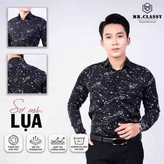 Áo sơ mi lụa Hàn nam hoạ tiết ngôi sao. Mềm mịn thoáng mát, Không nhăn không xù.