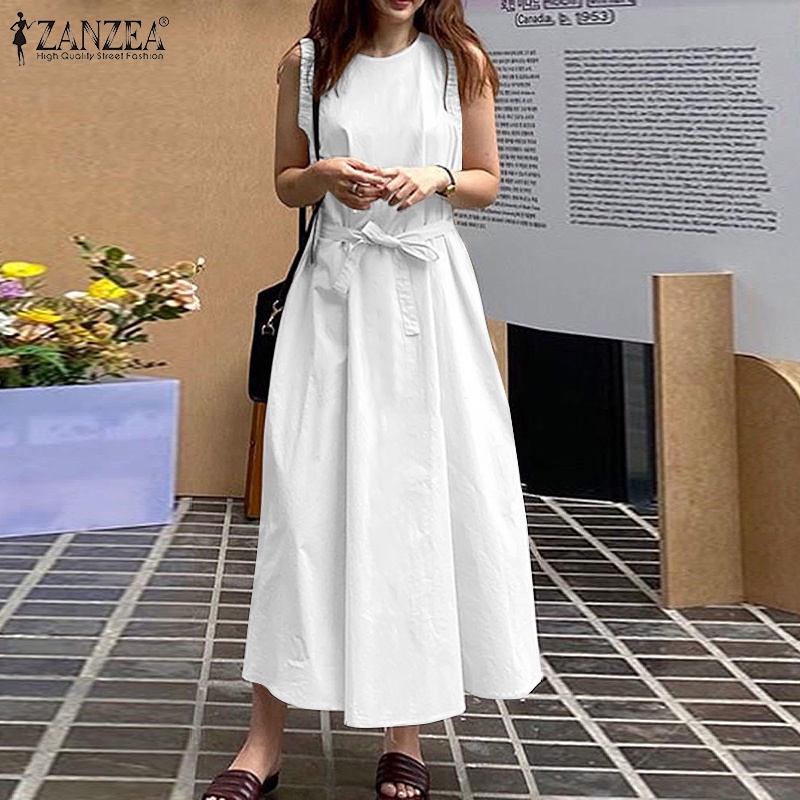 Đầm maxi Zanzea không tay cổ tròn màu trơn sành điệu cho nữ