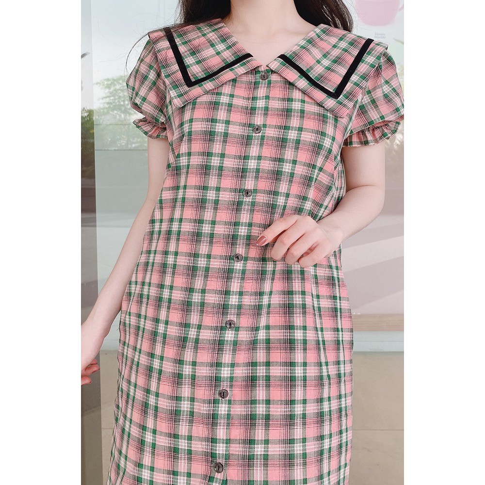 Đầm váy nữ 92WEAR đủ màu, đủ size, dáng suông ngắn tay kẻ caro viền lá cổ DXW0235 | BigBuy360 - bigbuy360.vn