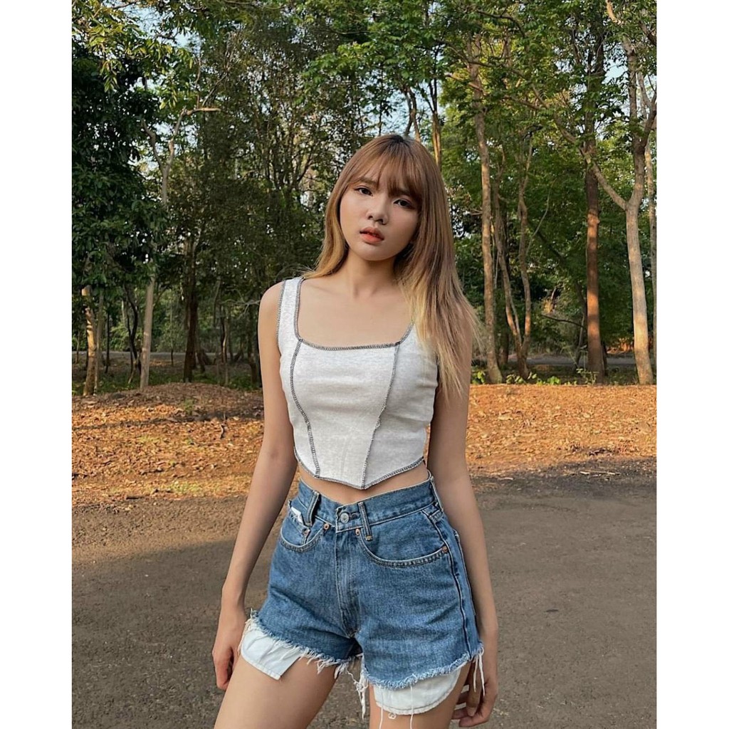 Áo croptop cổ vuông viền chỉ ngoài A5122