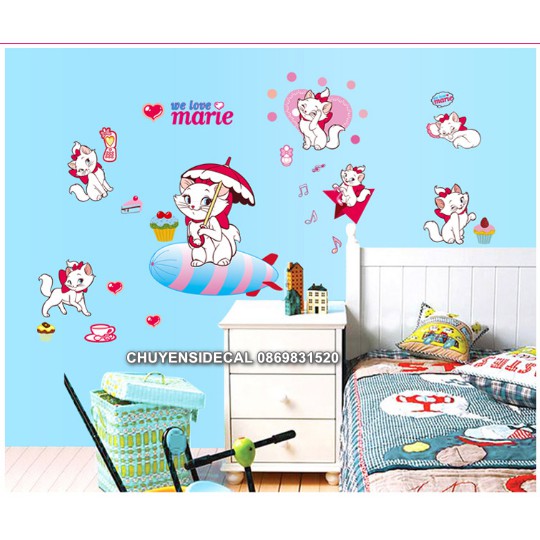 Decal dán tường - Mèo Trắng Hồng Dễ Thương