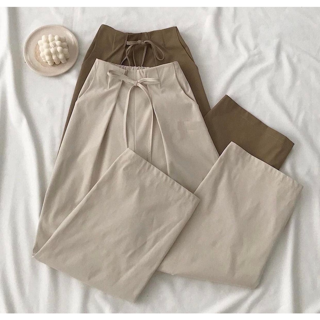 Quần Kaki Cạp May Viền Phối Nơ PEONYB Nữ [FREESHIP]  Culottes suông ống rộng lưng cao màu vintage cá tính Ulzzang