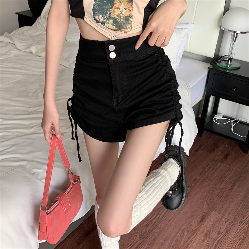 Quần jean IELGY màu đen mỏng phối dây rút phong cách mùa hè cho nữ