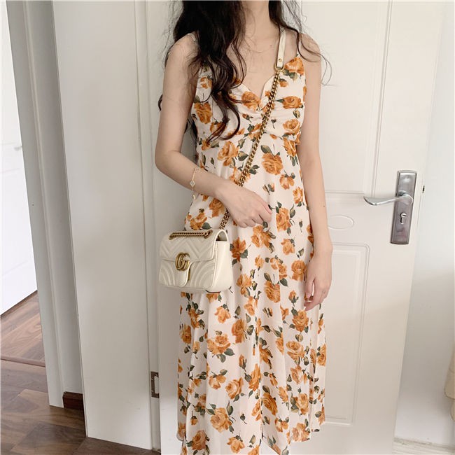 ◕Retro sling váy hoa lớn xếp ly kiểu Pháp qua đầu gối sang trọng mỏng manh midi gợi cảm Hàn Quốc kỳ nghỉ lễ