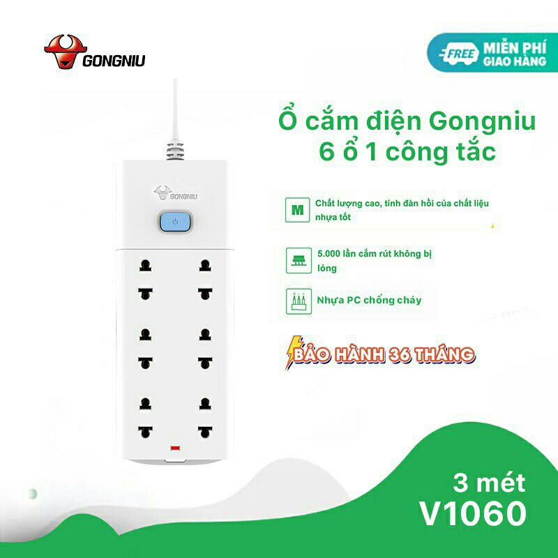 Ổ Cắm Điện Gongniu 6 Ổ 1 Công Tắc-2500W/10A (V1060) Chính Hãng