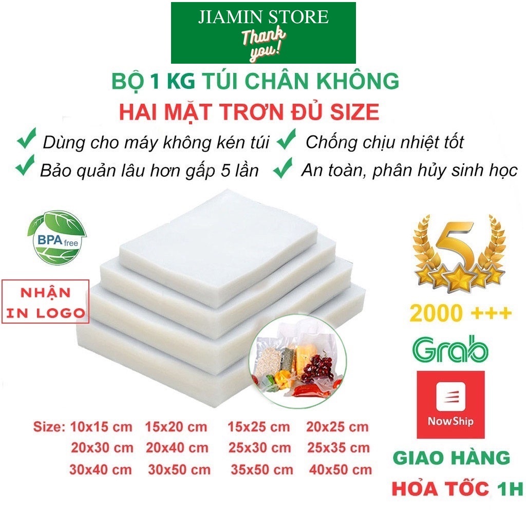 Túi hút chân không thực phẩm hai mặt trơn, 1kg túi hút chân không PA PE trơn dày 16 zem cao cấp đủ size (2 mặt trơn)