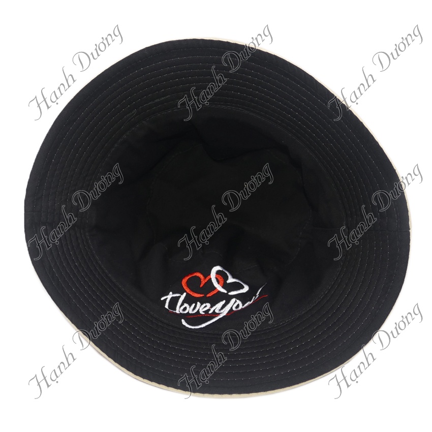 Nón bucket 2 mặt thêu hình trái tim I LOVE YOU