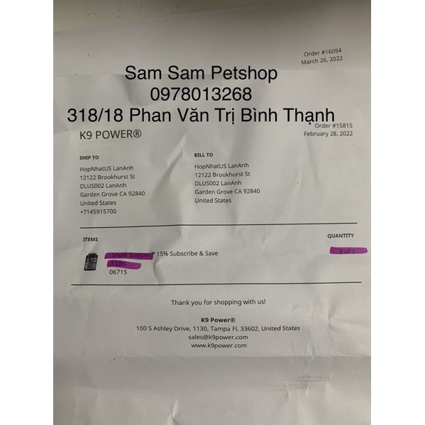 Bột dưỡng lông K9 ShowStopper cho chó giúp giảm rụng lông ;dưỡng dài và làm mượt lông 454gr