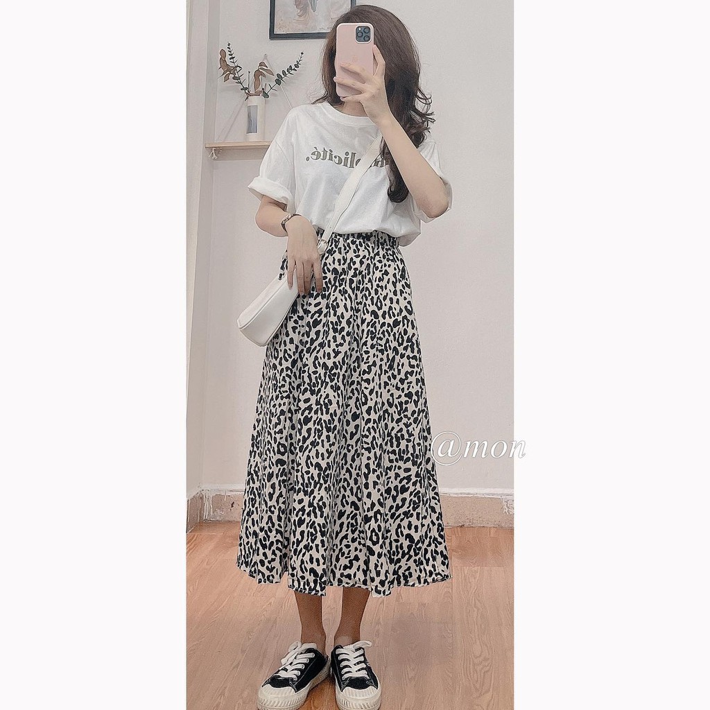 2101397 Chân váy midi nữ dáng xòe ulzzang họa tiết da báo freesize màu be đen xinh xắn | BigBuy360 - bigbuy360.vn
