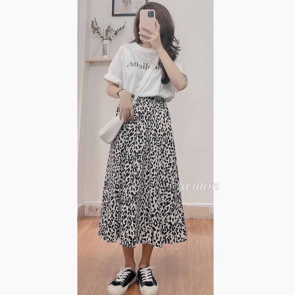 2101397 Chân váy midi nữ dáng xòe ulzzang họa tiết da báo freesize màu be đen xinh xắn