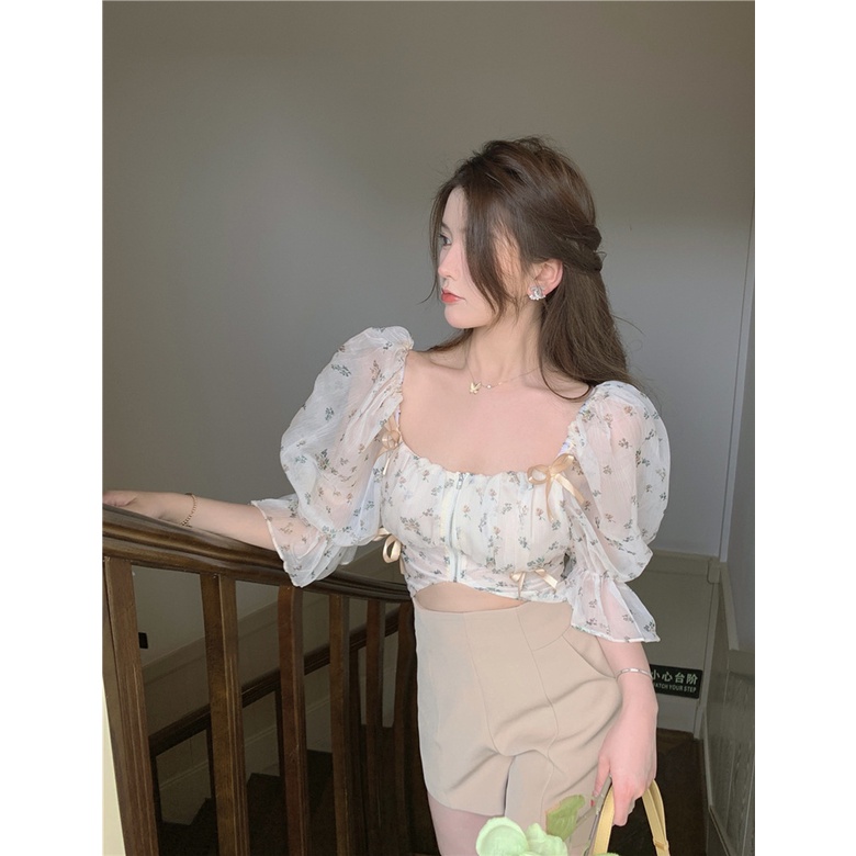 Áo Tiểu Thư | Áo Chiffon Croptop Vải Voan Tay Phồng Cổ Vuông Khóa Kéo Trước Hoa Nhí Hàn Quốc Xinh Xắn Ulzzang