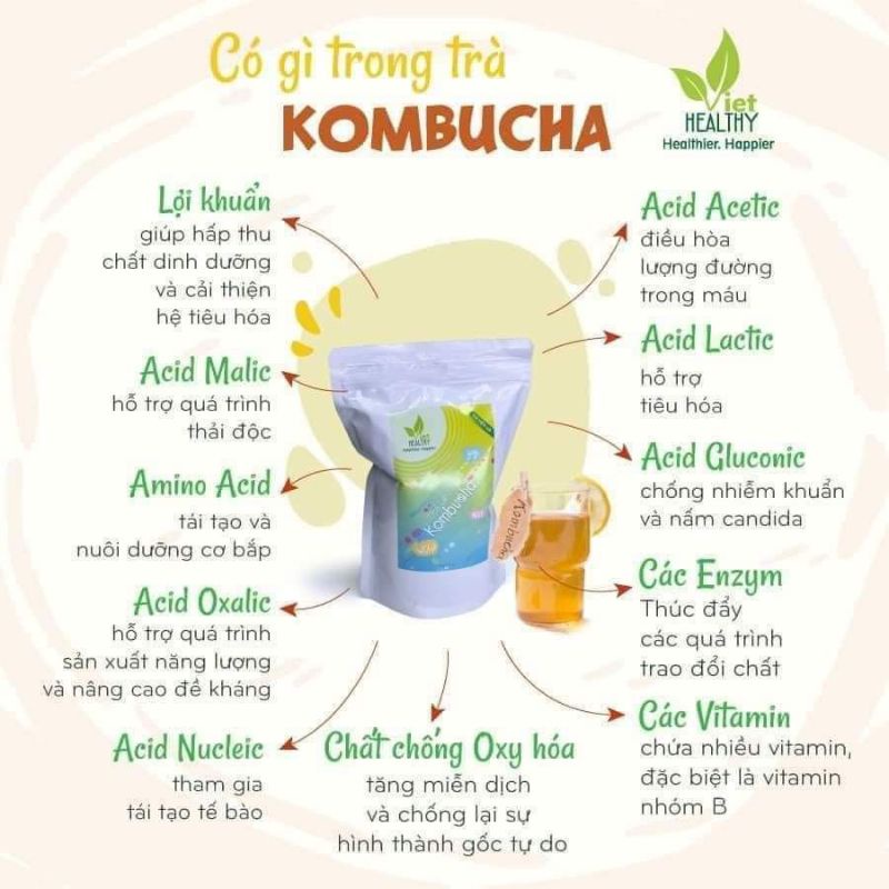 Trà lên men Kombucha trà đen Viethealthy 1 lít túi tiện lợi,tốt cho sức khoẻ, bổ sung lợi khuẩn Probiotic