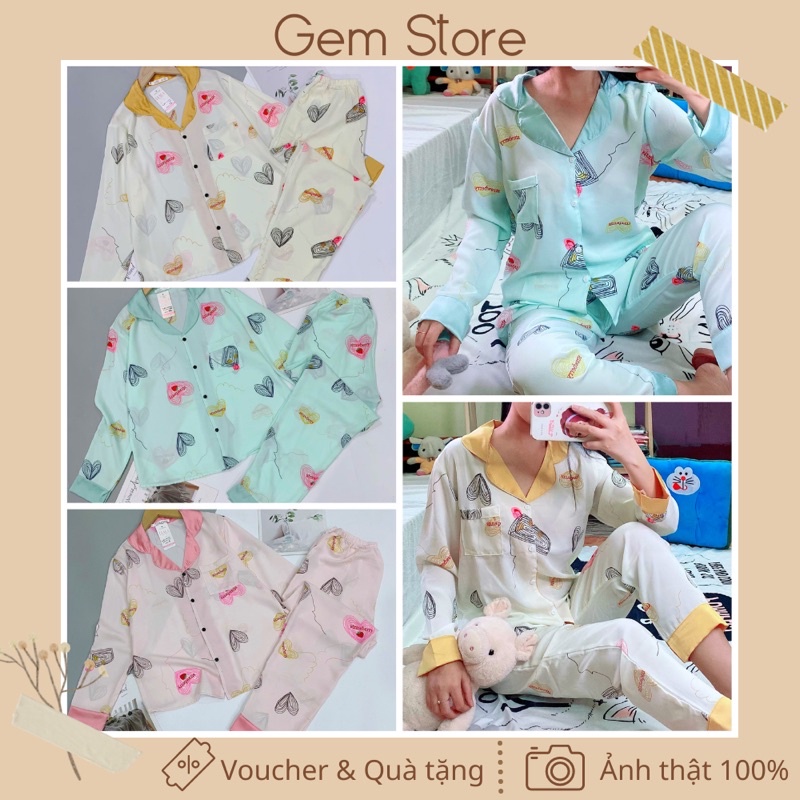 Bộ mặc nhà pijama áo dài tay quần dài hoạ tiết tim màu sắc pastel