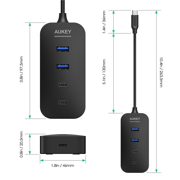 Cổng sạc Hub USB-C Aukey CB-C48 5 Cổng: 2 USB 3.0, 2 USB-C, 1 USB-C Power Delivery