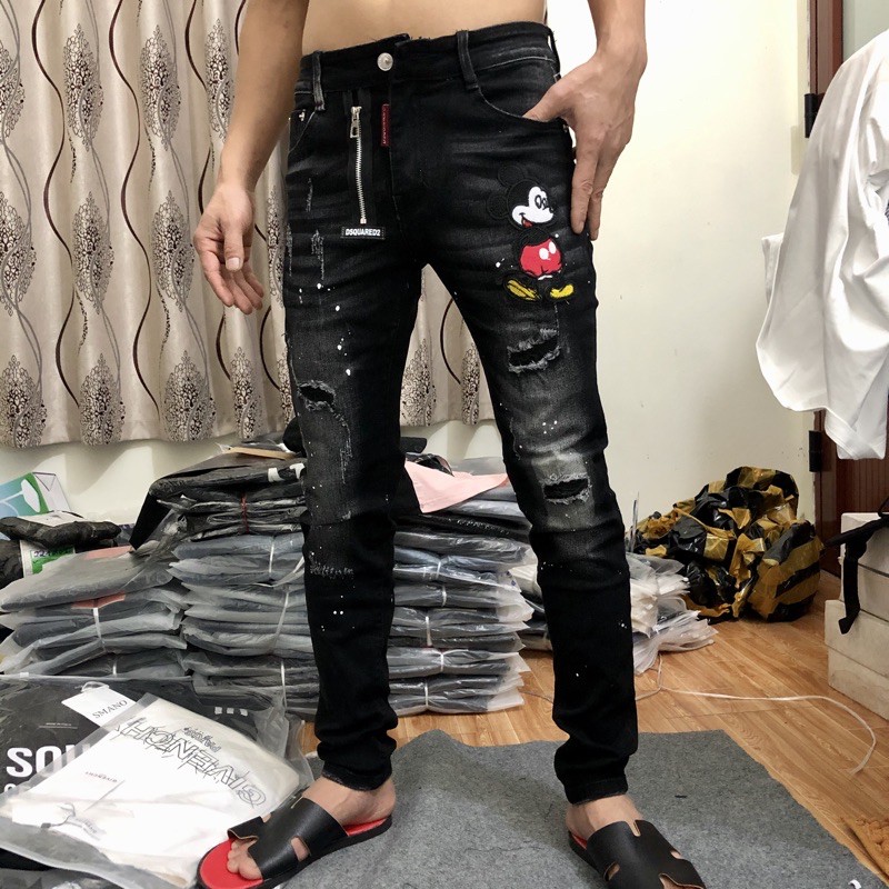 Quần bò nam ống côn Mickey khoá lệch hot trend 2022 - Jean biker