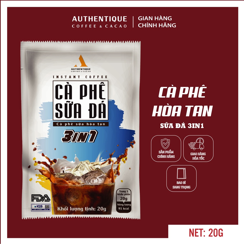 Cà phê sữa đá pha sẵn hòa tan 3in1 20G - Đậm vị cà phê | Authentique Instant Coffee