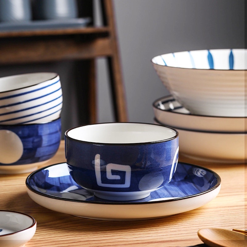 Bộ bát đĩa xanh lam bốn hoạ tiết, bát đĩa phong cách Nhật, bát đĩa decor
