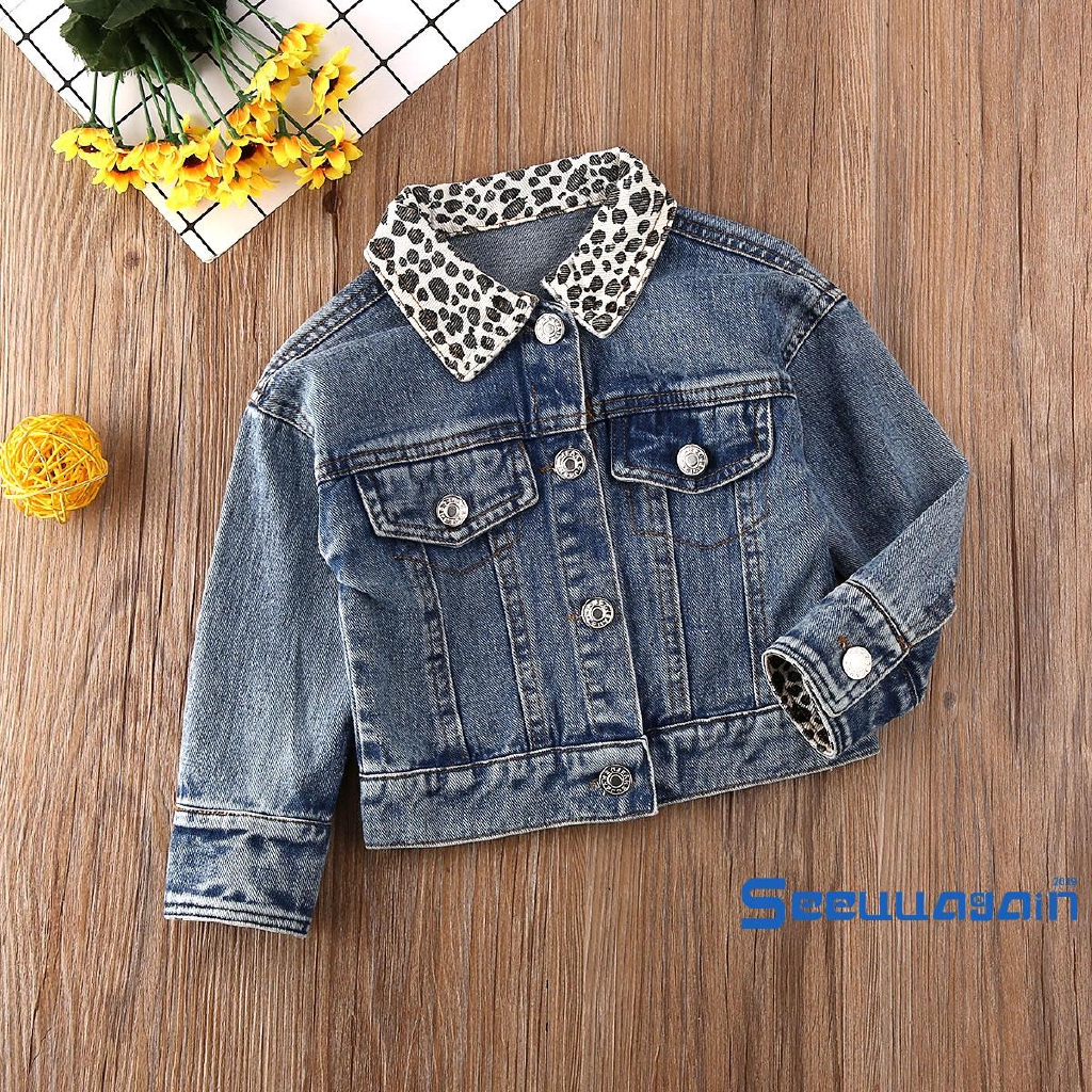 Áo khoác denim dài tay trang trí họa tiết da báo cho bé gái