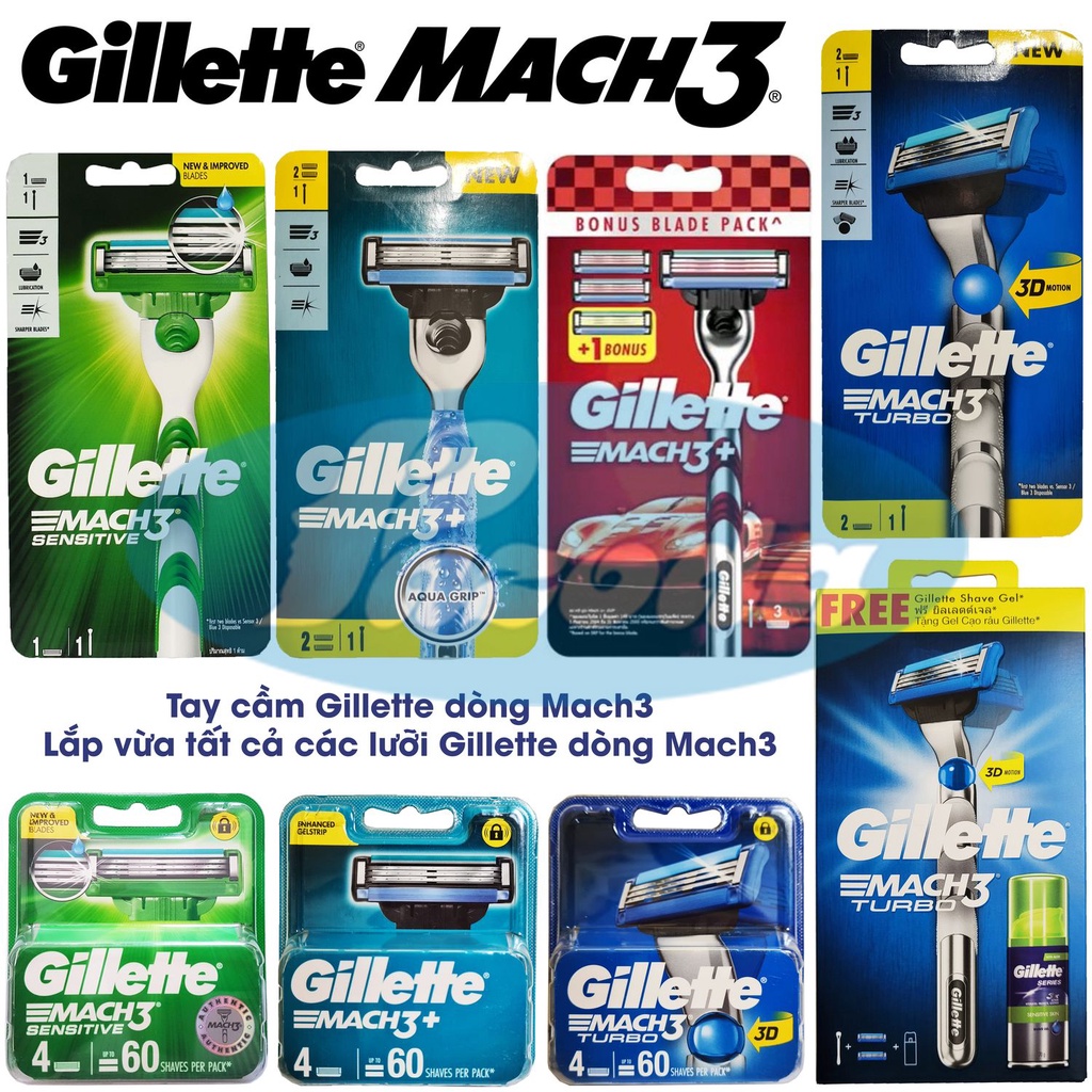 Dao cạo râu 3 lưỡi Gillette Mach3/ Mach3+/ Mach3 sensitive/ Mach3 Turbo 3D và đầu lưỡi thay