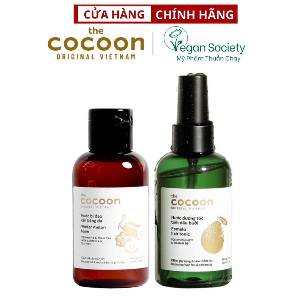 Combo Toner bí đao cân bằng da cocoon 140ml+Nước dưỡng tinh dầu xịt bưởi pomelo cocoon 140ml - Vegan Society