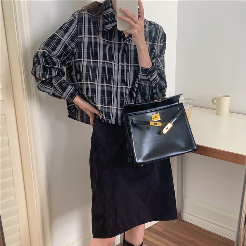 SUXI Áo Sơ Mi Dài Tay Họa Tiết Ca Rô Phong Cách Hàn Quốc Cổ Điển Dành Cho Nữ