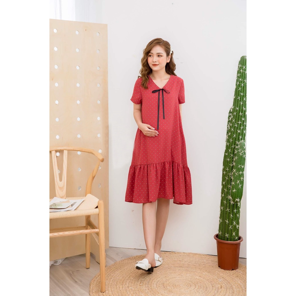 Đầm Bầu Thời Trang, Váy Bầu Thiết Kế Đẹp Style Hàn Quốc Cổ Tròn Họa Tiết Chấm Bi Đuôi Cá Chất Lụa Đũi Fullsize 40-85kg