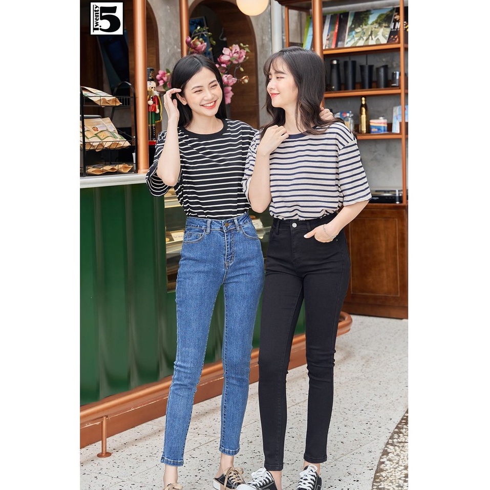 Quần jeans nữ dáng ôm skinny lưng cao co dãn trơn dài basic Twentyfive 3440