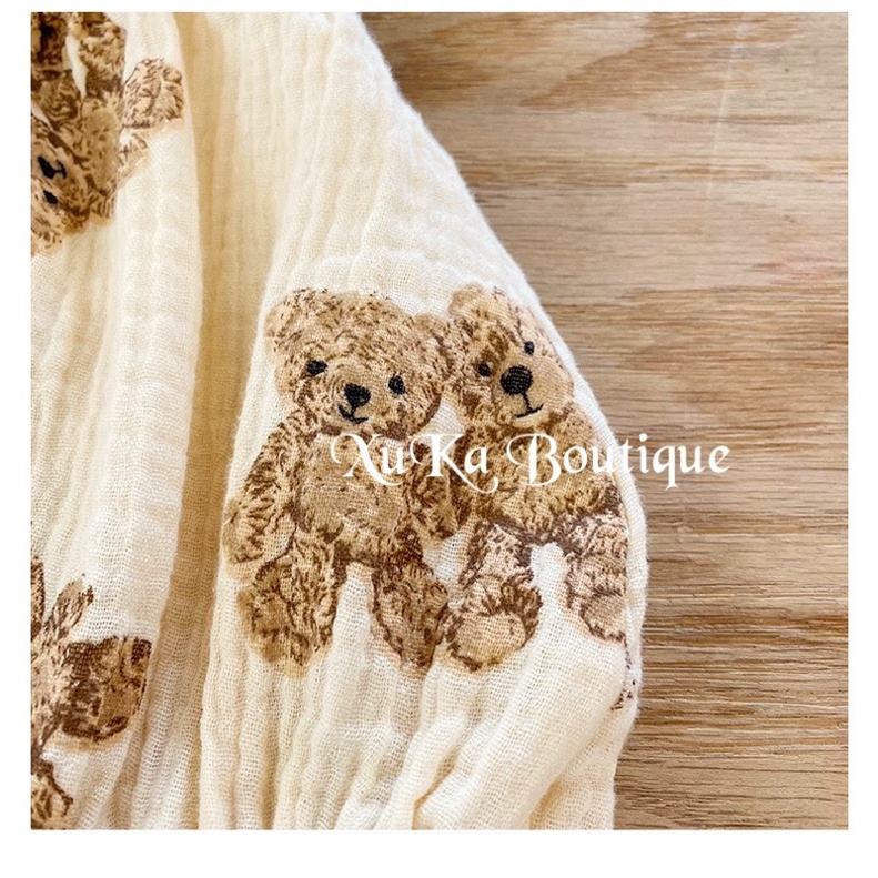 Bộ Quần Áo Dài Tay Kèm Mũ Bé Gái 0-2 Tuổi Hình Gấu Vải Đũi Galakoko Chính Hãng Style Hàn Quốc Cực Đẹp