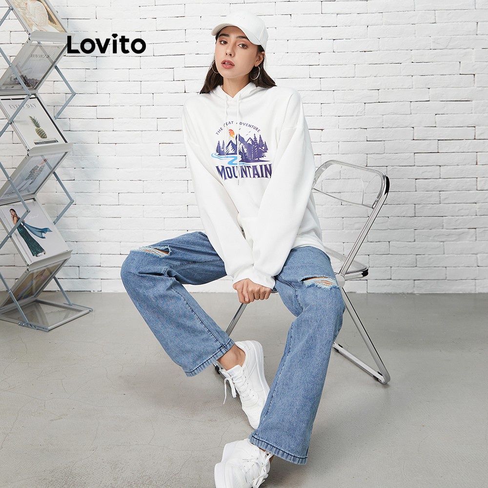 Áo sweater Lovito L07184 mũ trùm dây rút màu trắng in chữ phong cách đơn giản