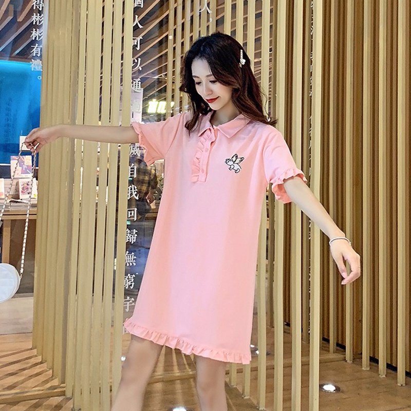 Đầm IELGY cổ polo dáng dài trung bình tay ngắn màu hồng đơn giản dành cho nữ