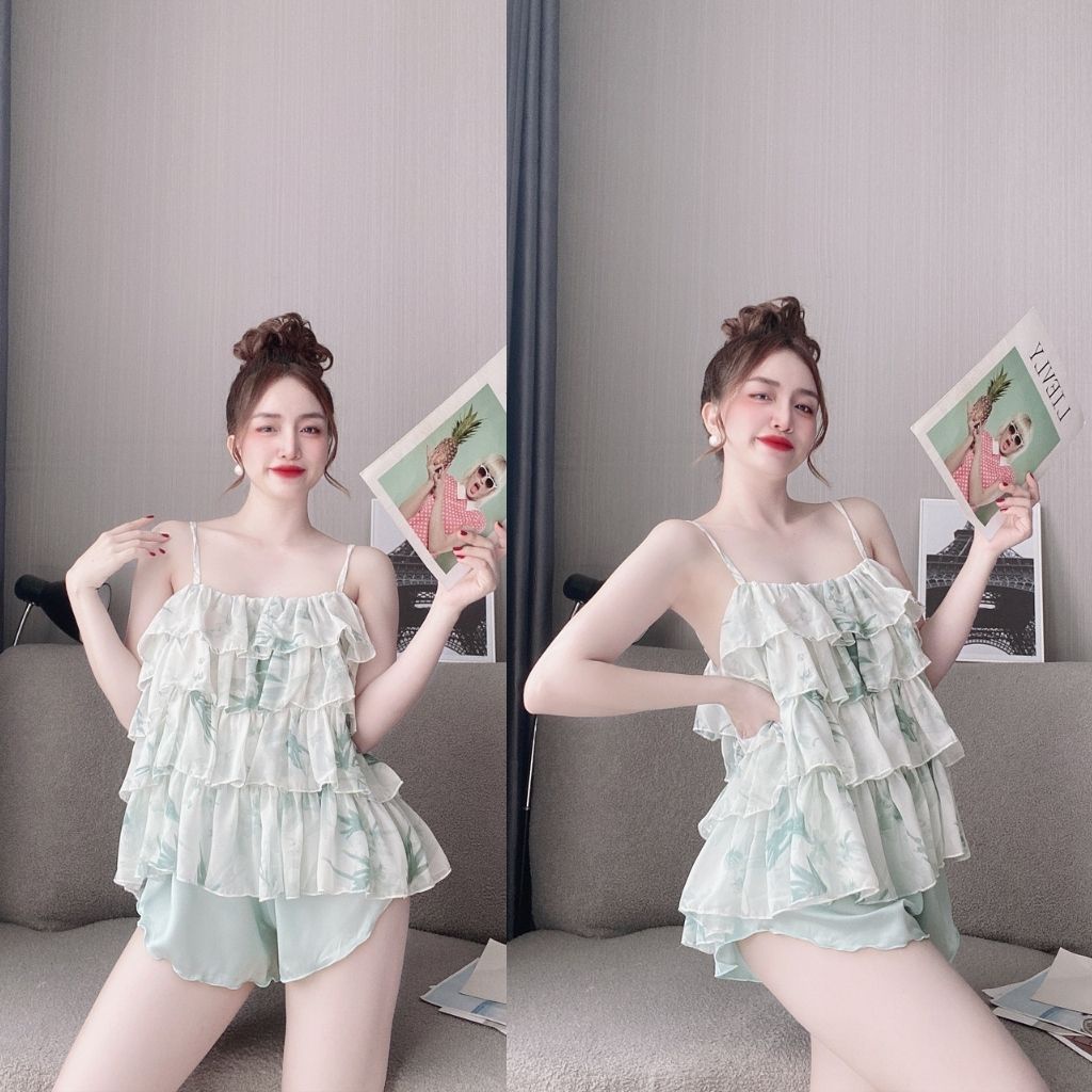 Bộ đồ ngủ nữ sexy 2 dây TUTA bộ ngủ lụa satin phối chiffon cao cấp - MK02