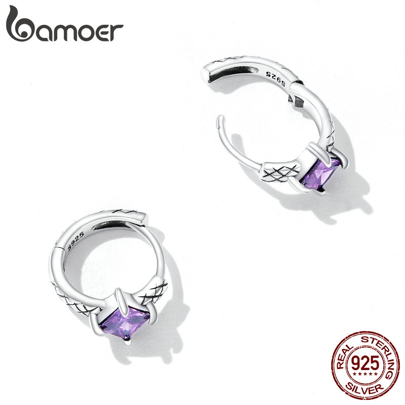 Đôi khuyên tai BAMOER bạc 925 thiết kế da rắn đính đá zircon màu tím thời trang dành cho nữ