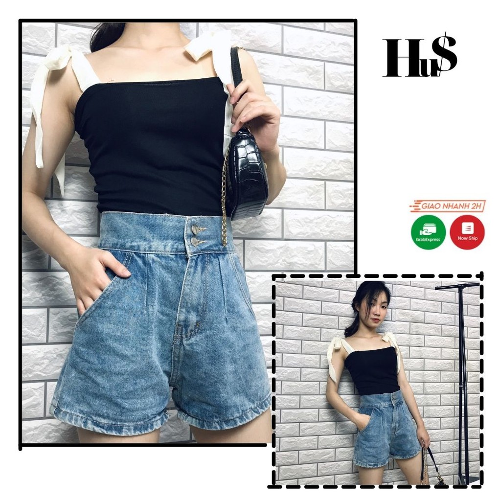 Quần short jean nữ ulzzang cạp cao hai cúc màu xanh cá tính