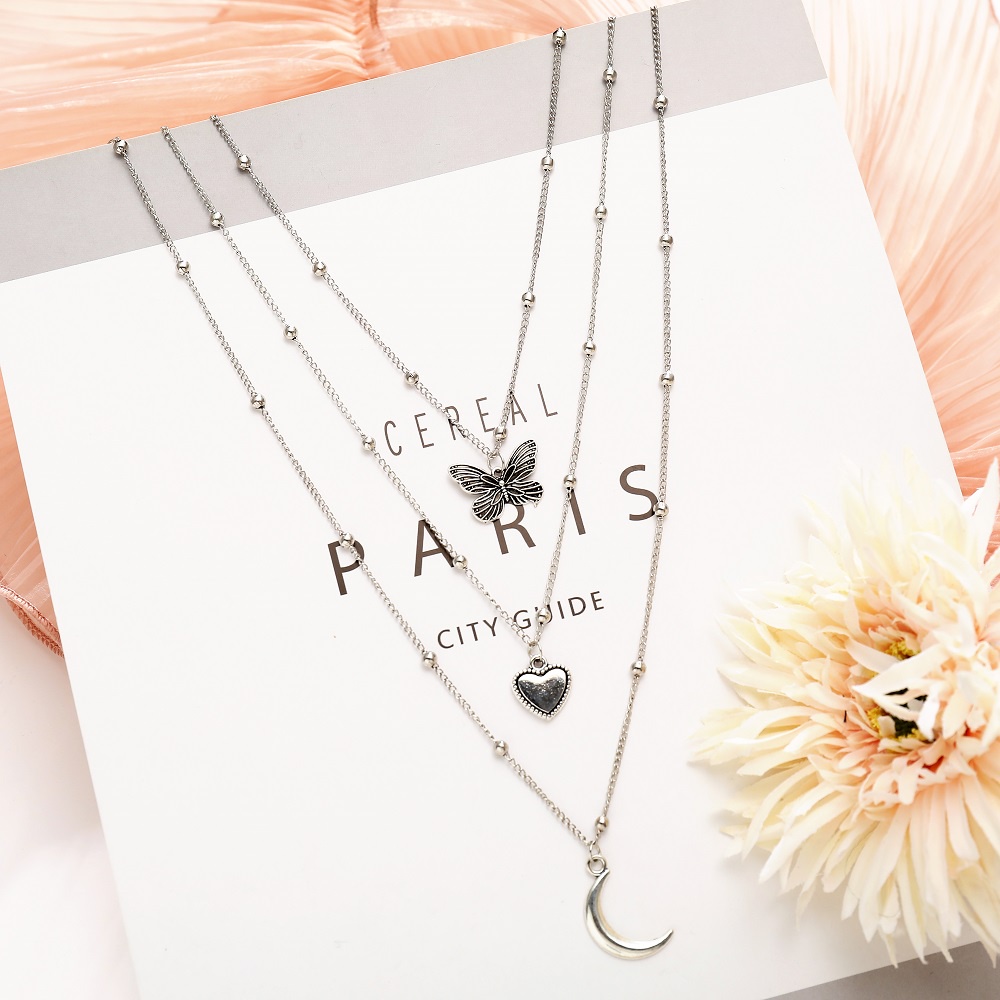 Set 3 Vòng Cổ Nhiều Lớp Mặt Hình Bướm / Mặt Trăng / Trái Tim Thời Trang Cho Nữ