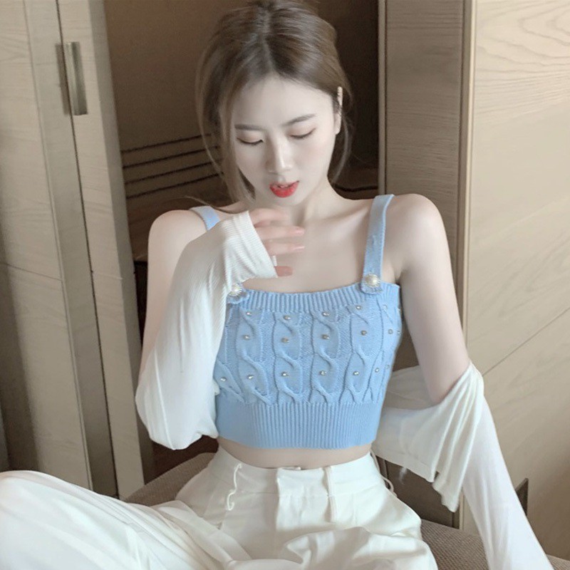 Áo hai dây dệt kim dáng ngắn thời trang mùa hè Hàn Quốc quyến rũ cho nữ