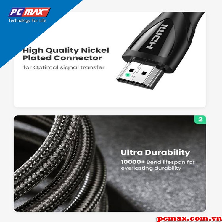 Cáp HDMI 2.1 hỗ trợ 8K truyền âm thanh hình ảnh 1M 2m 3m 5m Ugreen 80401 80402 80403 80404 80405 - Hàng chính hãng