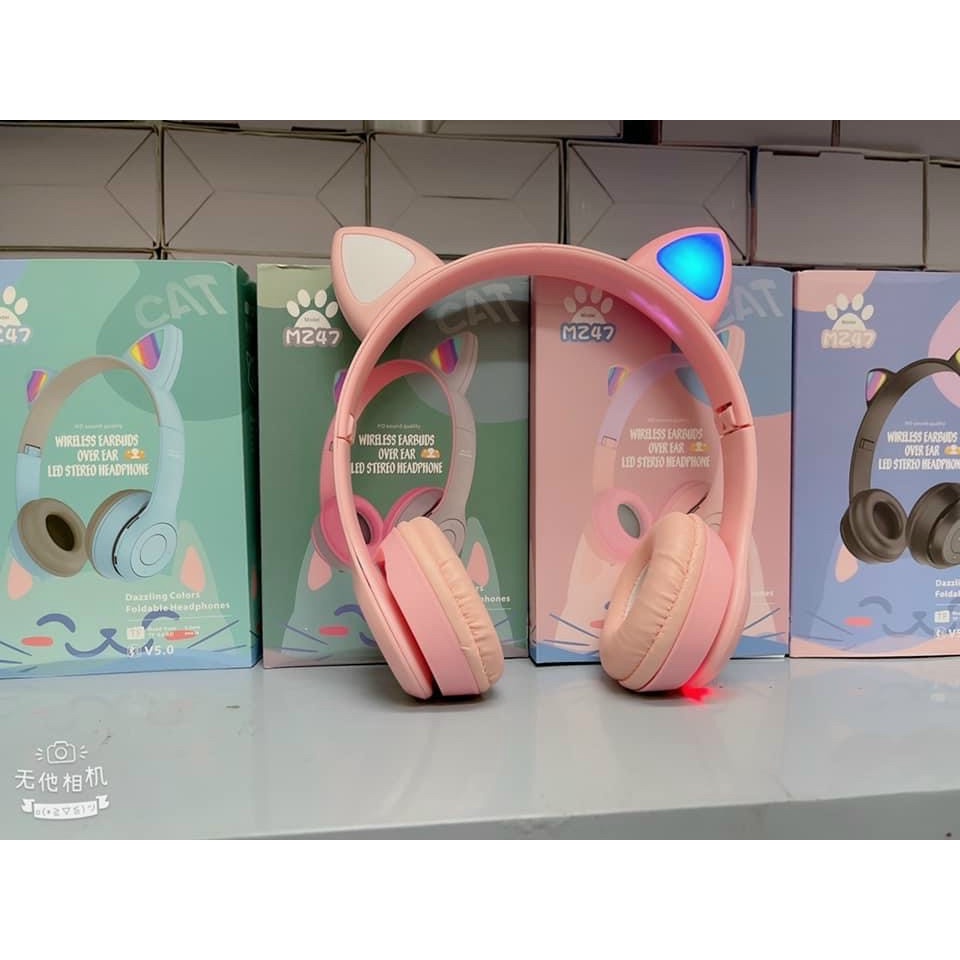 Tai nghe Bluetooth MZ47  Tai nghe gắn tai mèo cu te, Phát sáng đèn đầy màu sắc, Tai nghe LED